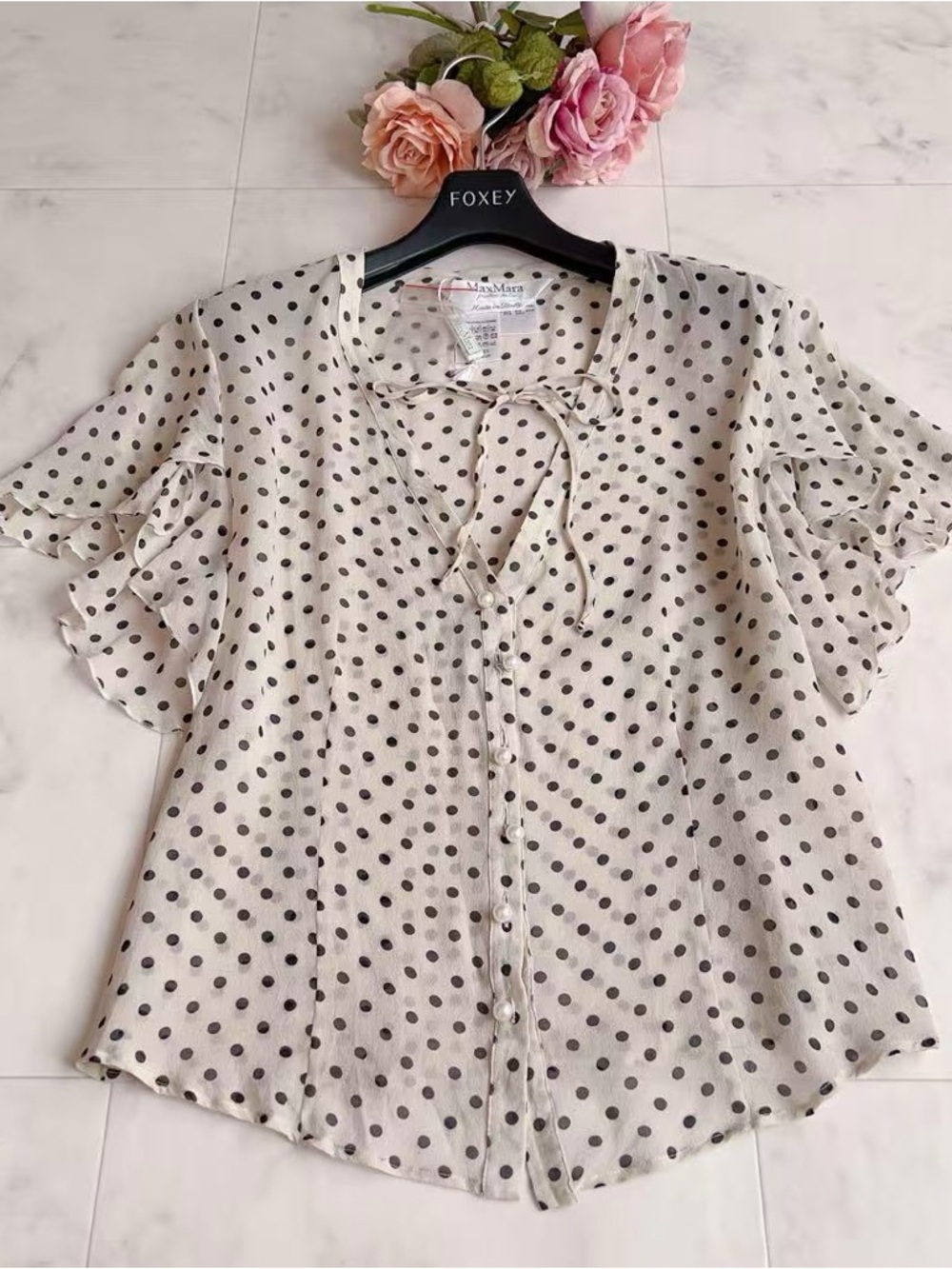 MaxMara Cream Blouse with Black Polka Dots and Tie Neck